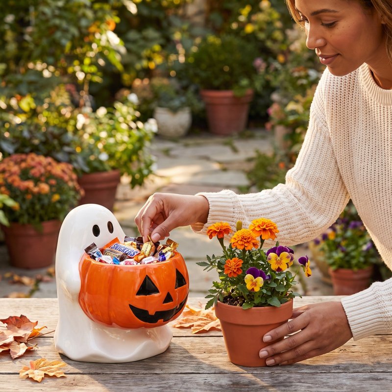 Halloween Ghost Pumpkin Candy Bowl - Cute Resin Figurine with Jack O Lantern - Variation #030