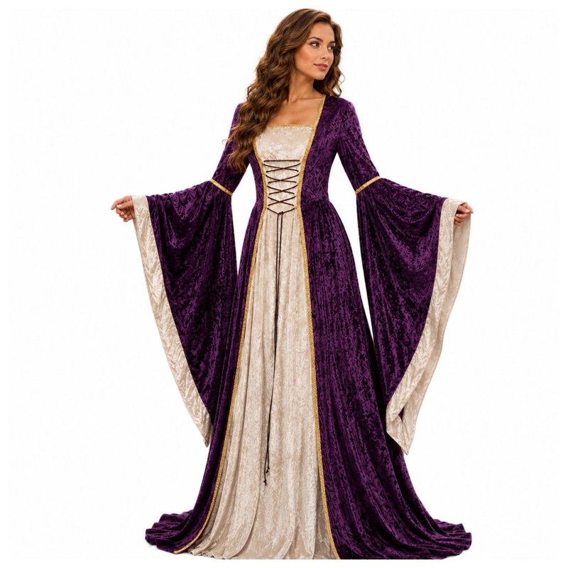 Women Gothic Witch Costume Dress - Deep Red 2XL Halloween Medieval Fantasy