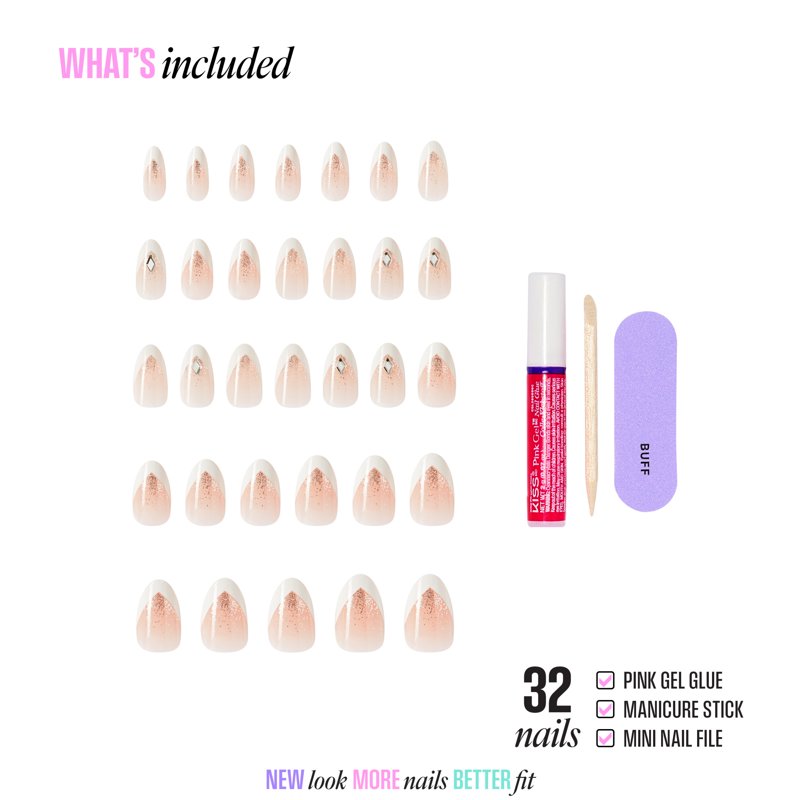 Medium Almond Press-On Nails in Neutral with Rhinestones - 32 Pieces