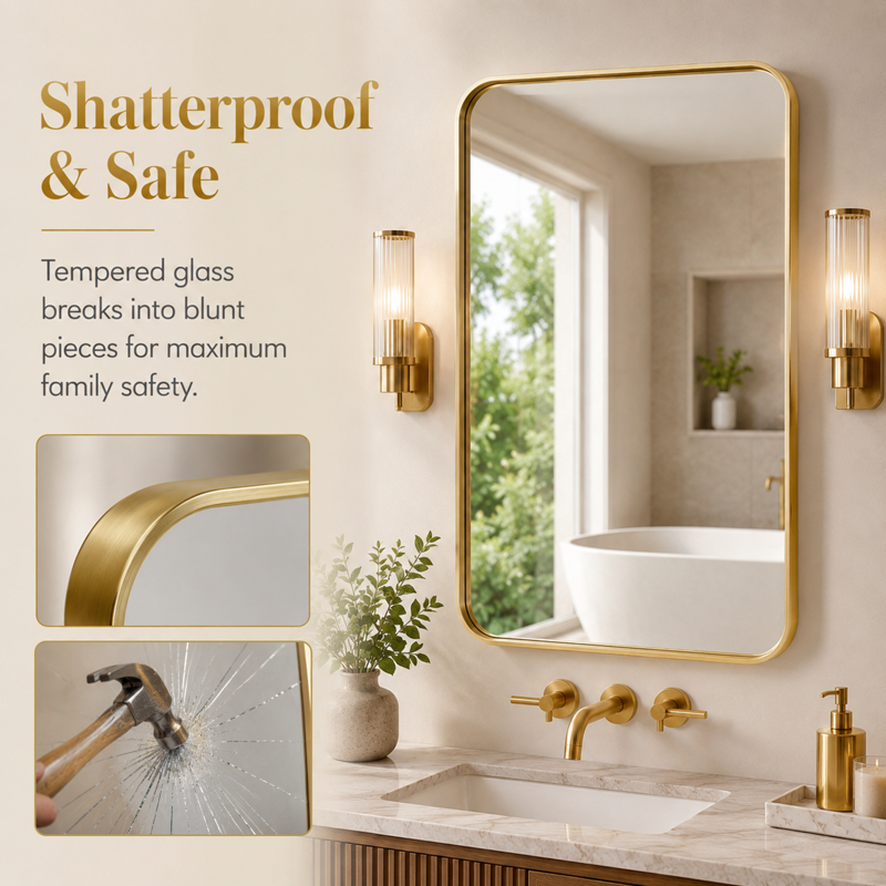 Gold Round Corner Bathroom Vanity Mirror 30x48 Wall Mount Framed