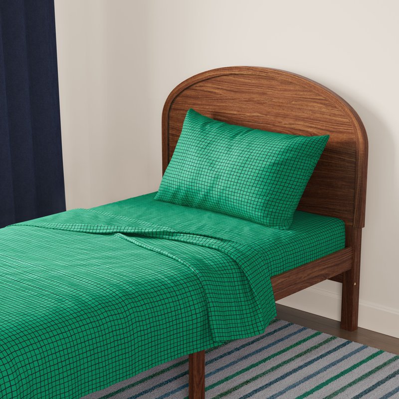 Kids Twin Bed Sheet Set - Green Grid 100% Cotton Percale, 3 Pieces