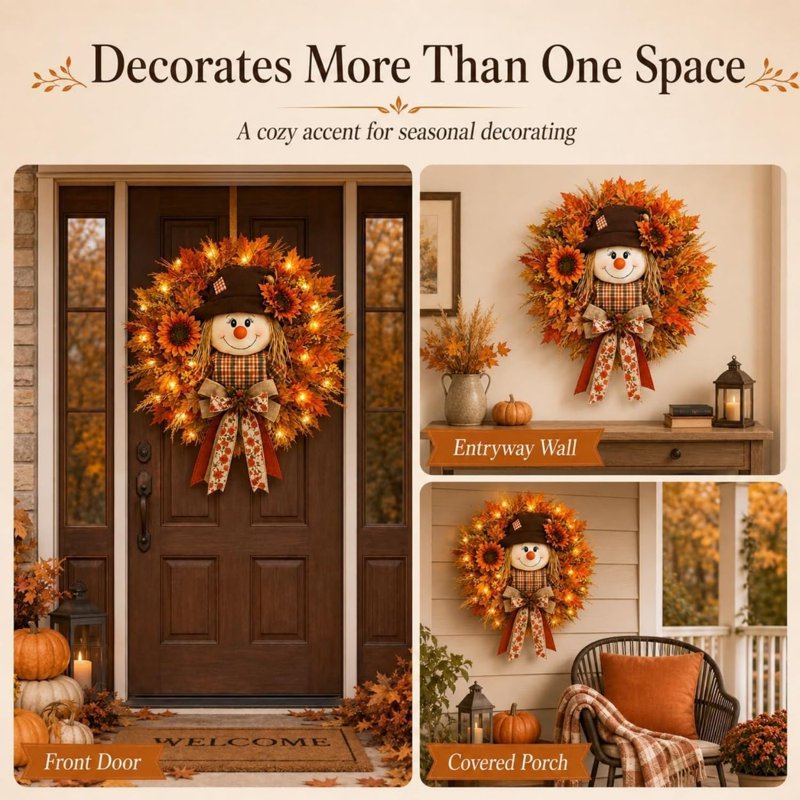 Lighted Fall Wreath for Front Door - Classic Style Harvest Decor with Sunflower & Maple Leaves
