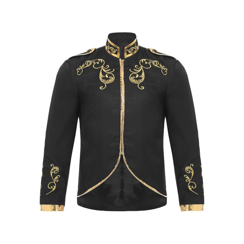 Men's Medieval Royal Prince Costume Coat - Victorian Gold Embroidered Black XXL