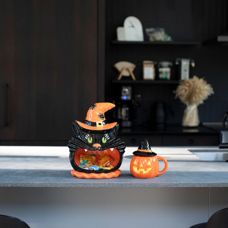 Lidded Jack-O-Lantern Ceramic Mug with Spoon - Halloween Decor, 18oz