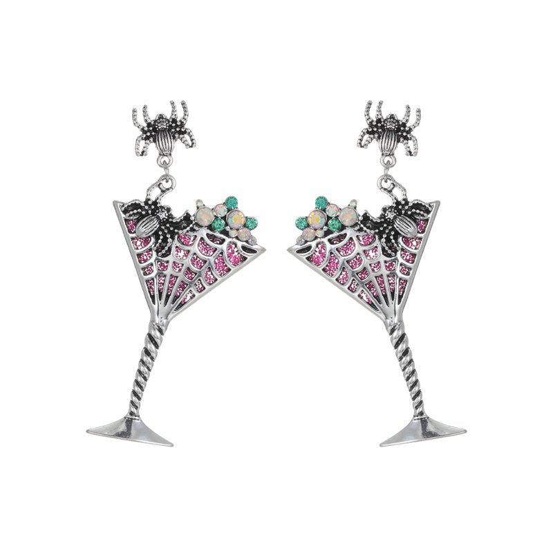 Spooky Cocktail Halloween Earrings - Velvet Heart Spiderweb Studs - Fall Party Accessory