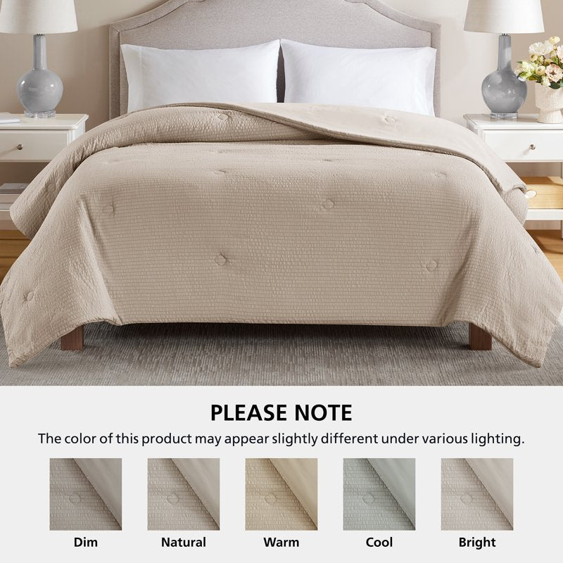 Full/Queen Seersucker Comforter - Beige All-Season Reversible Bedding