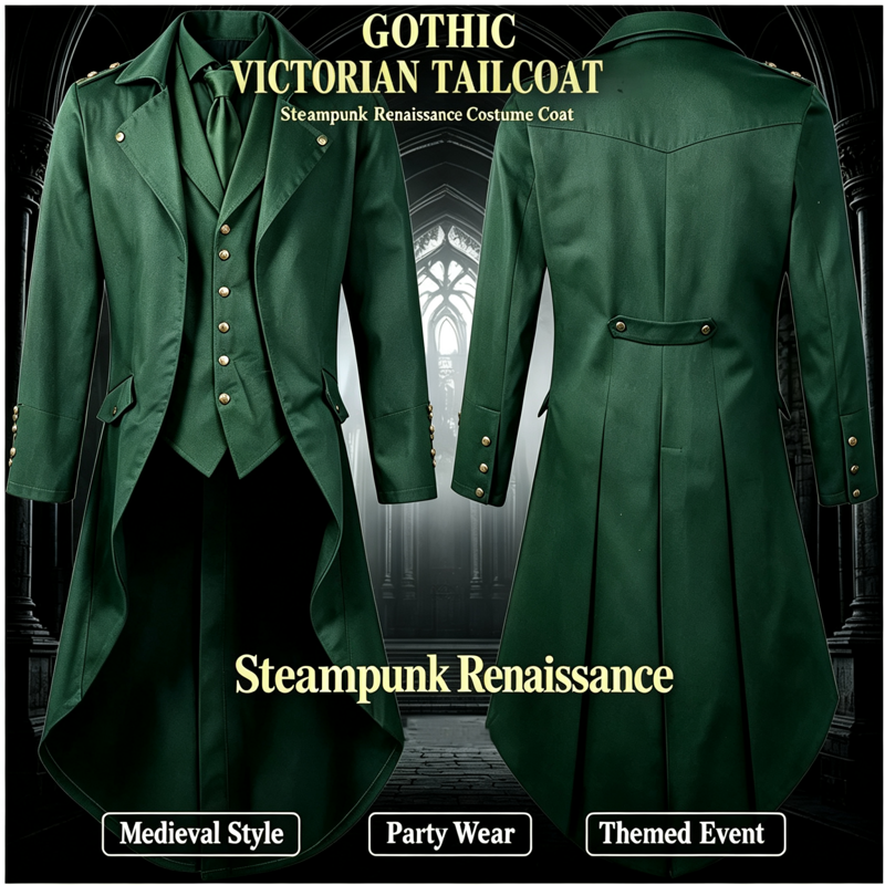 Men's Gothic Tailcoat Jacket, Green XL Medieval Steampunk Costume
