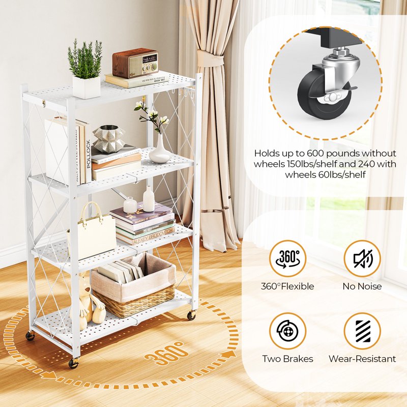 White 4-Tier Foldable Metal Storage Shelf with Wheels - Heavy-Duty Organizer