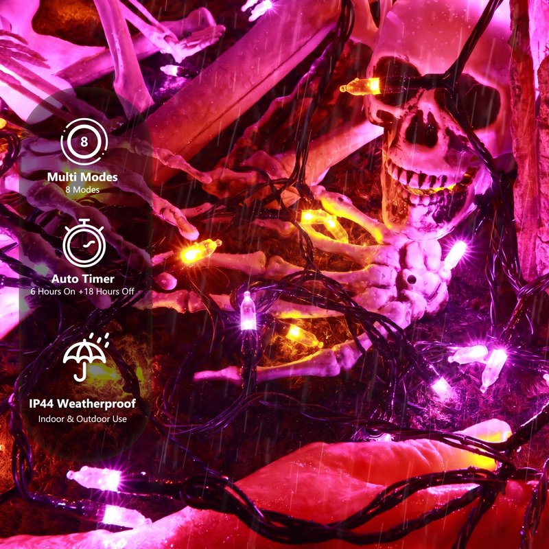 Halloween String Lights 33ft 100 LED Waterproof Indoor Outdoor Lights with 8 Modes - Orange & Purple