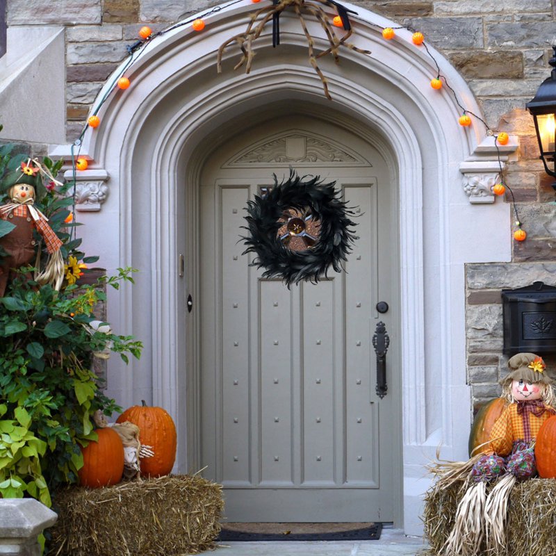 Black Feathers Wreath for Halloween Front Door Decor 13.5 Inches