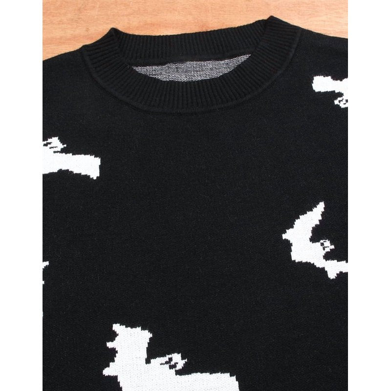 Halloween Sweaters for Women Bat Print Crewneck Pullover - Black S