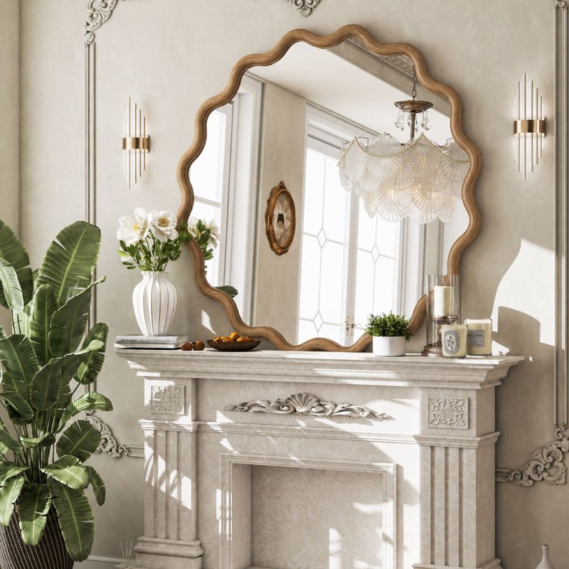Wavy 30x30 Inch Bathroom Wall Mirror with Natural Wood Frame - Easy4Home