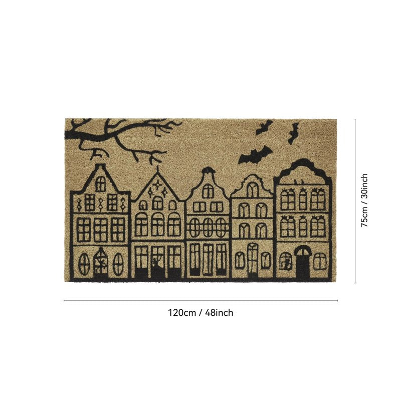 Halloween Haunted House Bat Coir Door Mat 48×30 Inch - Non-Slip Outdoor Rug with Spooky Town Design - Variation L