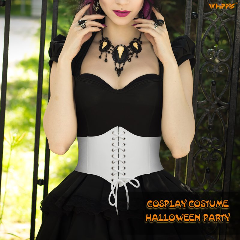 Women Lace-Up Corset Waist Belt - White, Adjustable Leather & Elastic Wide Belt for Dresses