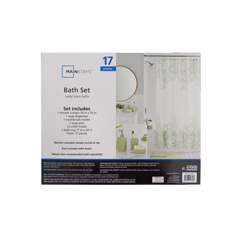 Mainstays 17-Piece Floral Green Shower Curtain and Bathroom Accessory Set