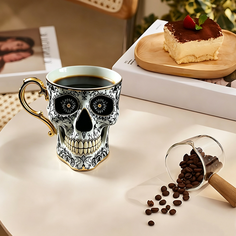 Free Size Gothic Skull Coffee Mug with Gold Trim & Saucer Set - Halloween Gifts