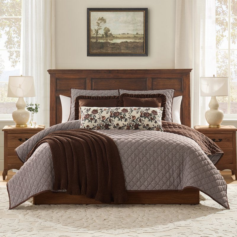 Twin-XL Cotton Houndstooth Quilt Set - Brown & Ivory 2-Piece Bedding