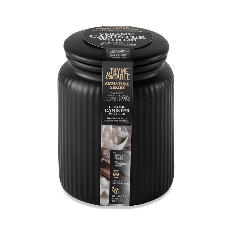 Small Ceramic Ribbed Kitchen Organization Jar (580mL) - Black, 2 Pack