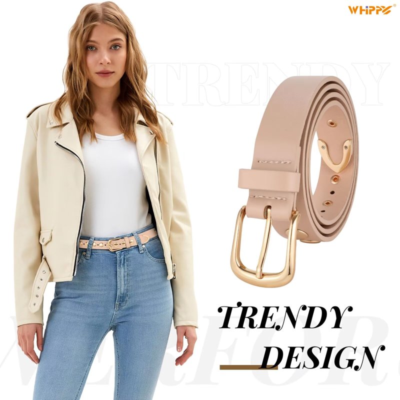 Women's Leather Belt for Jeans & Dresses - Studded PU, Beige, Fits 26-32"