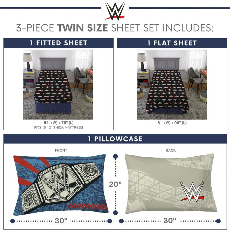 WWE Kids Twin Black 3-Piece Sheet Set with Championship Belt & Logo Print