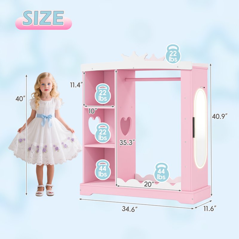 Kids Armoire with Mirror - Pink Dress Up Storage & Jewelry Cabinet for Girls