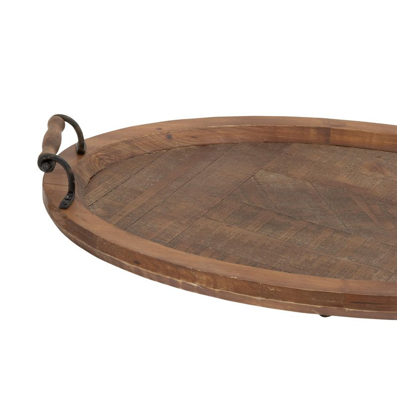 Large Oval Brown Wood Tray with Scroll Metal Handles - 29 x 19 Inches