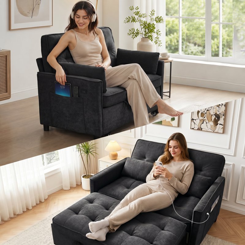 3-in-1 Convertible Sofa Bed with USB Charging Ports - Black