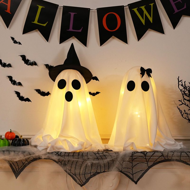 Halloween Ghost Decorations Set with Lights & Timer - Indoor Tabletop Decor