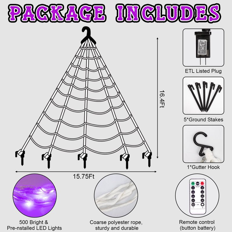 Purple LED Halloween Spider Web Lights Outdoor 16.4ft x 15.75ft with Remote & Hooks