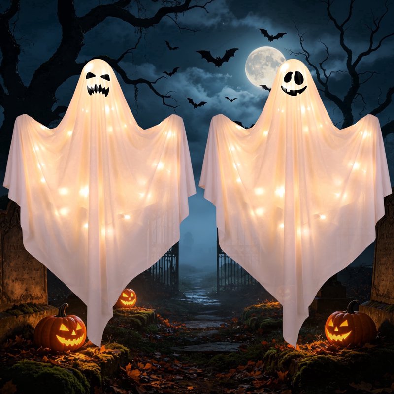 Halloween Ghost Decor Light Set - White, 48-Inch Hanging Ghosts with LED Lights, Outdoor Yard & Garden Decoration