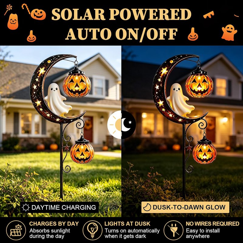 Solar Halloween Ghost Moon Garden Stake Light - Waterproof Metal Yard Lantern