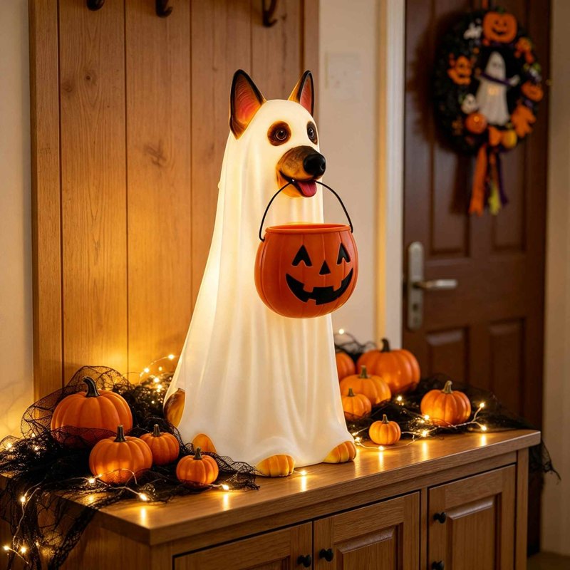 Halloween Ghost Dog Pumpkin Candy Bucket Light Up - Variation #028