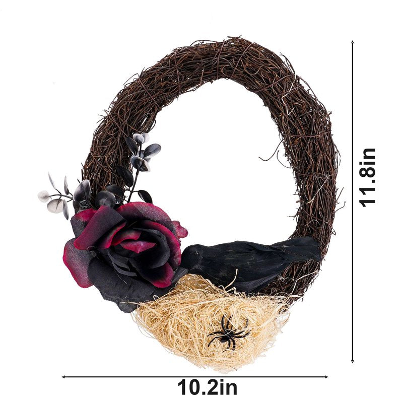 Halloween Wreath with Black Rose, Crow, Spider & Twig - Front Door Decor
