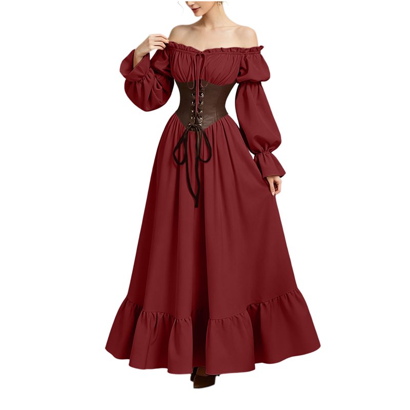 Gothic Corset Maxi Dress for Women - Halloween Victorian Long Dress BB-Wine XL