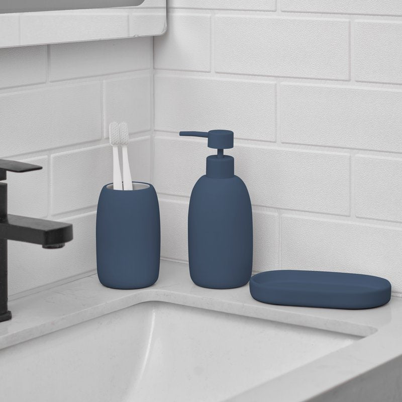 Blue Ceramic Stoneware Bathroom Accessory Set with Soap Dispenser, Tumbler & Tray - Variation of THIS listing