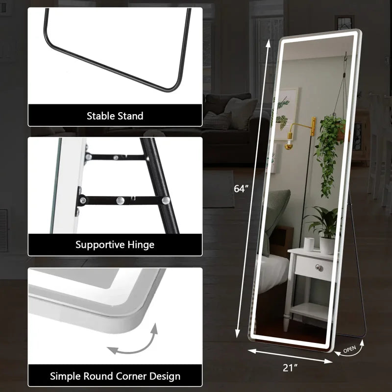 64 x 21 LED Full Length Mirror with Touch Control & 3-Color Dimmable Lights - Wall & Floor Mount