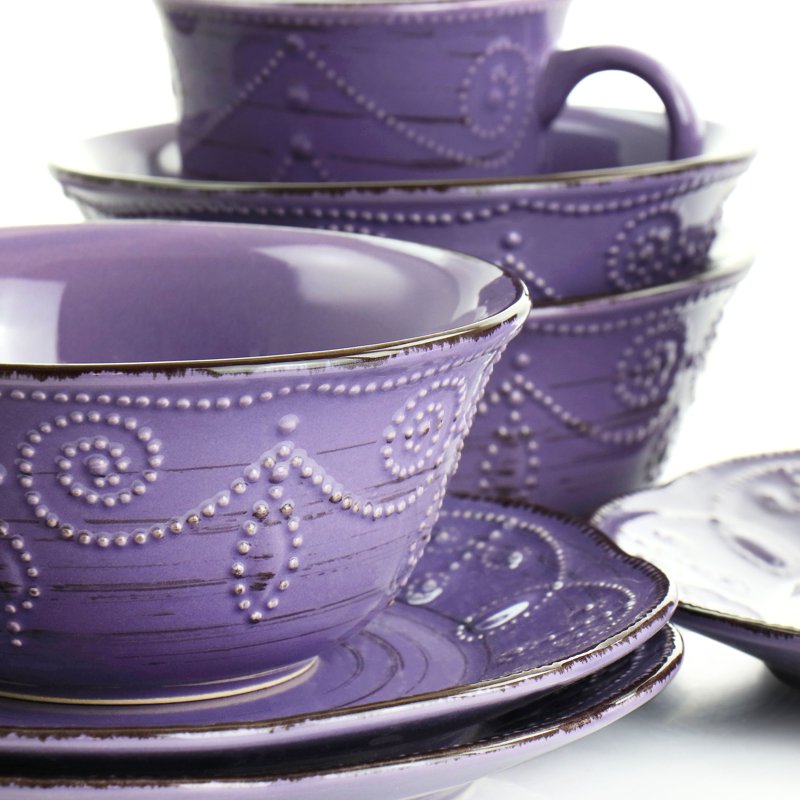 Rustic Birch 16 Piece Stoneware Dinnerware Set - Purple