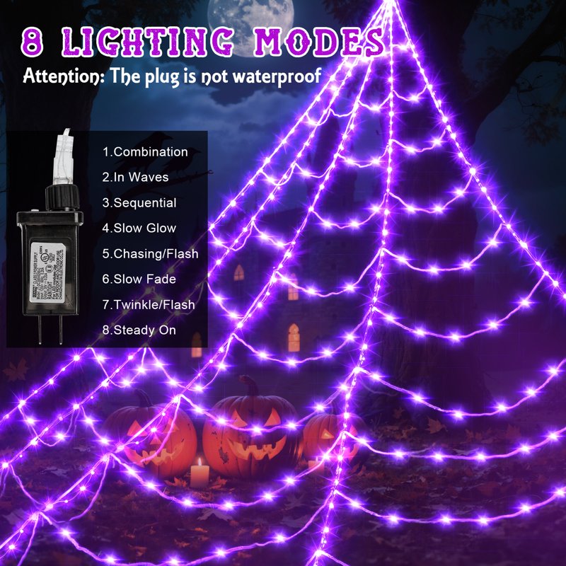 Purple LED Halloween Spider Web Lights Outdoor 16.4ft x 15.75ft with Remote & Hooks