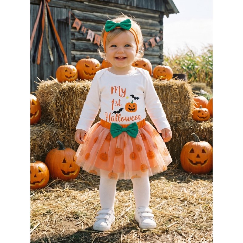 Orange Baby Girl Halloween Clothes Set 3-6 Months Romper Tulle Skirt Headband