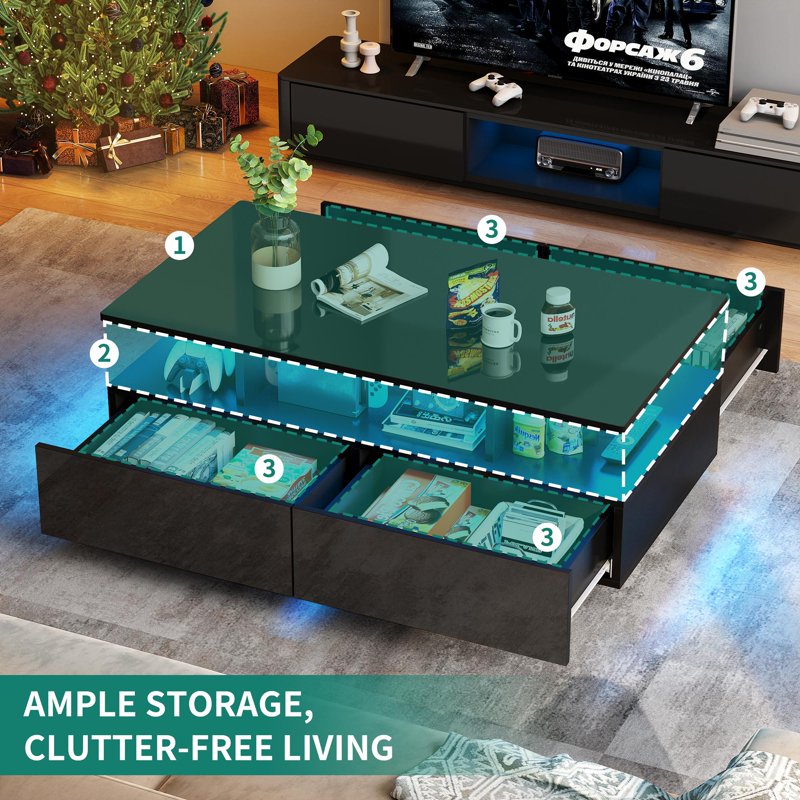 Modern Coffee Table with LED Lighting and Storage - Black