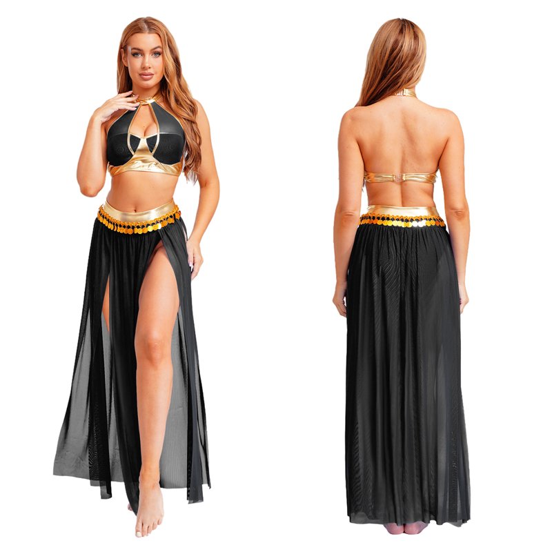 Belly Dance Costume Set with Sequin Tassel Crop Top and Mesh Skirt - Black M