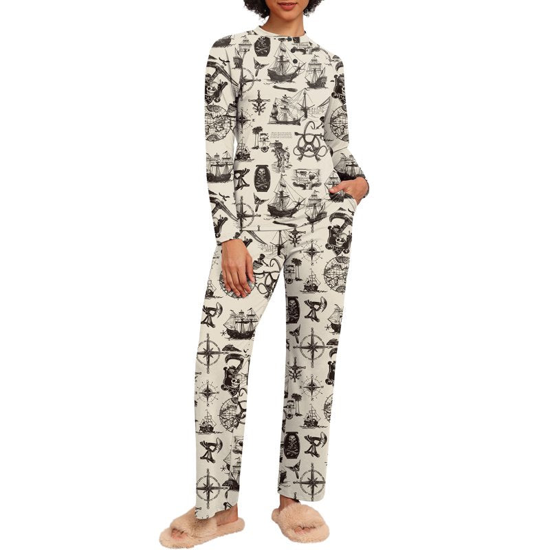 Beige Pirate Map Couple Pajama Set - Women L, Soft Sleepwear with Pockets