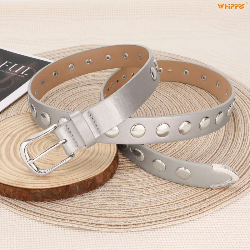 Women's Leather Belt for Jeans & Dresses - Silver, Fits 40-44" - Studded PU Fashion Belt