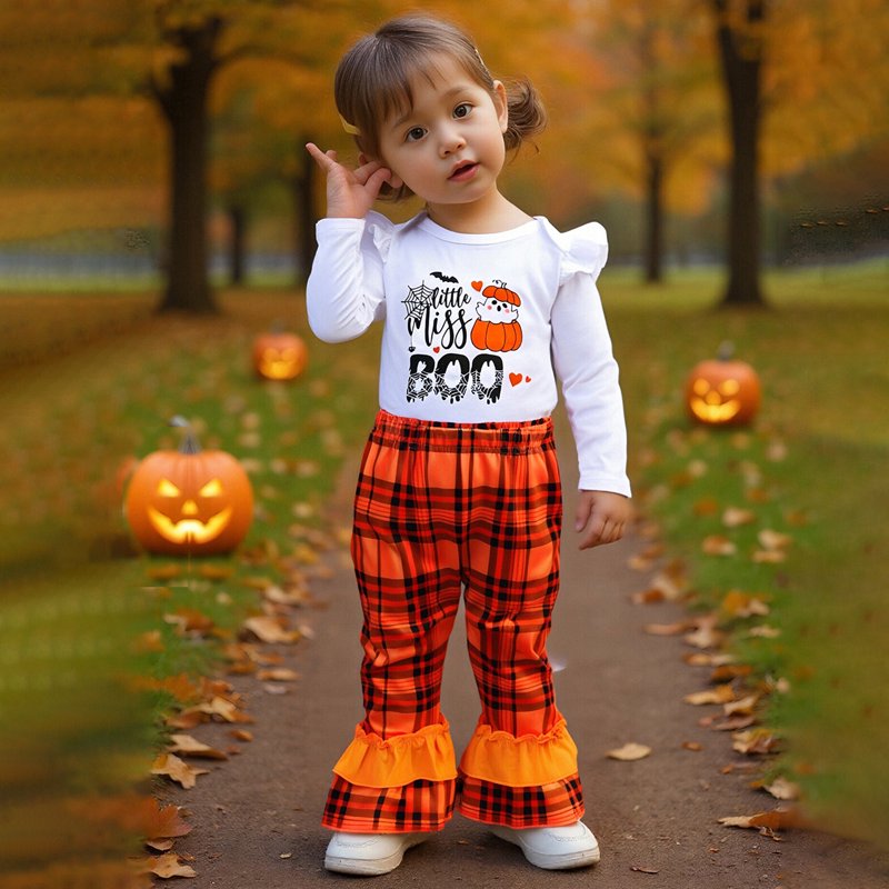 Toddler Girl Halloween Pumpkin Romper Set with Pants & Headband - Orange 12-18 Months