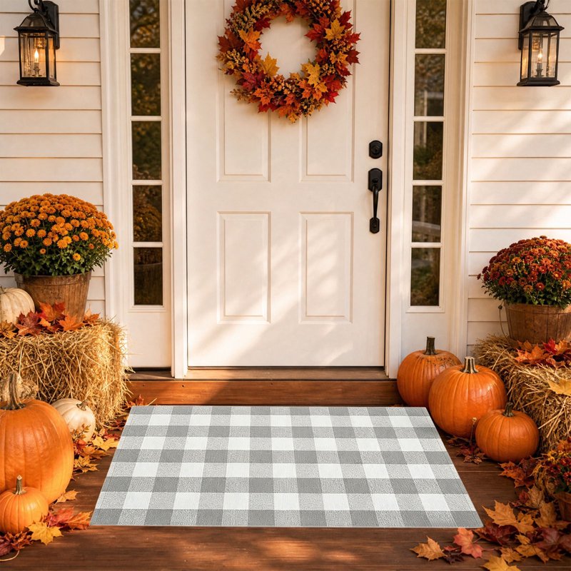 Large Thanksgiving Plaid Doormat - Gray Cotton Blend Layered Entry Rug, 19.6x31.5in
