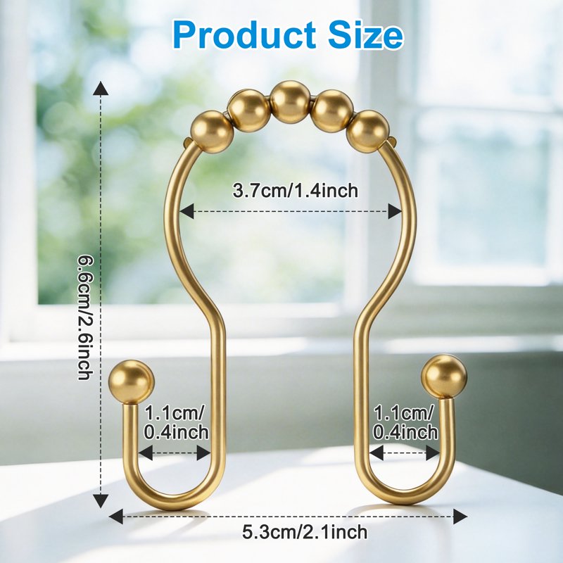 Rustproof Metal Shower Curtain Hooks Set of 12 with Beaded Rollers - No Drill Bathroom Rings