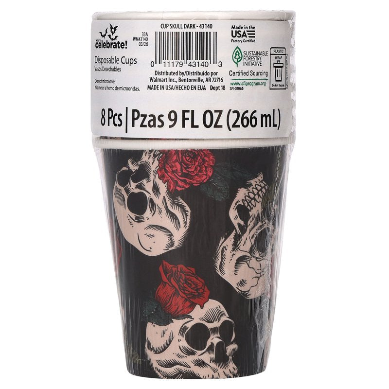 Halloween Skulls and Roses Disposable Paper Cups - 9 oz, Multicolor, 8 Pack