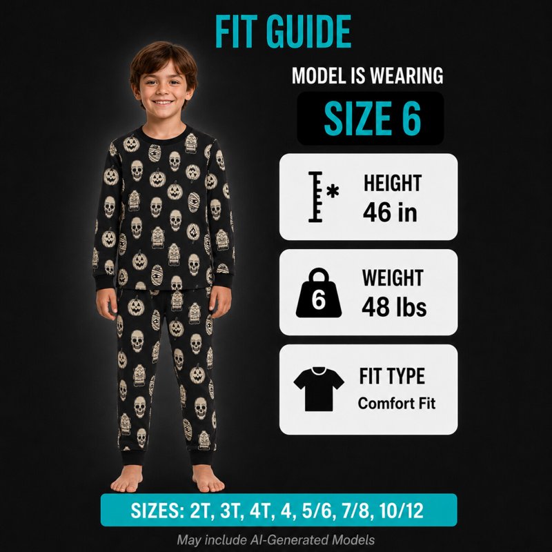 Halloween Boys Pajama Set - Glow-in-the-Dark Skeleton & Pumpkin 2T-12 - Black Skeleton 3T