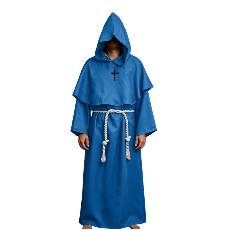 Medieval Monk Costume Set for Halloween Cosplay - Long Sleeve Robe & Belt, Blue, XL (Variation of Halloween Costumes Blue, XL)