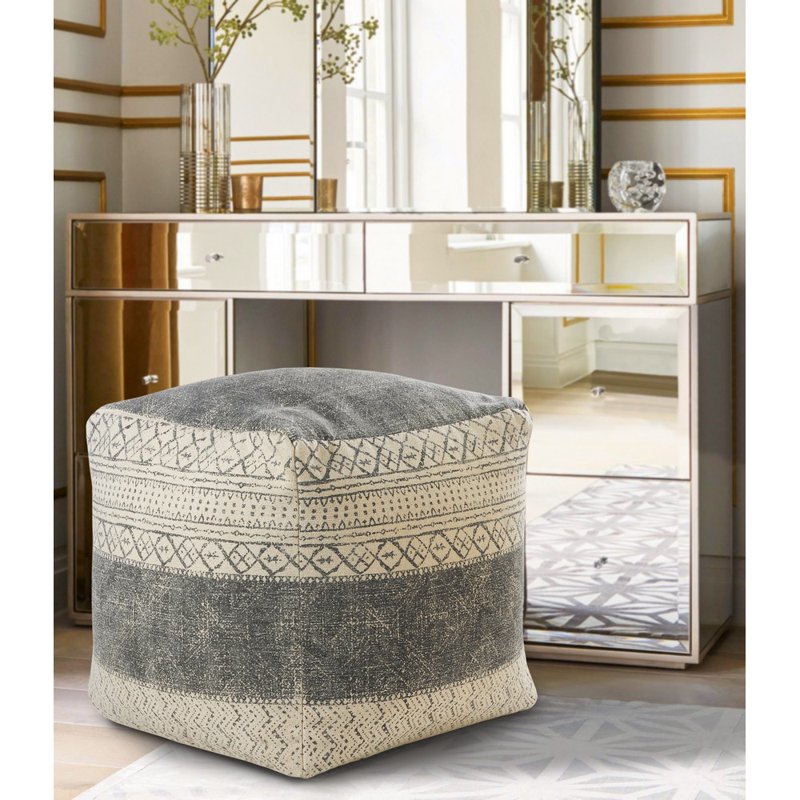 Gray/Beige Medium Tribal Indoor Square Pouf 20x20 Inch - Handcrafted Geometric Footstool
